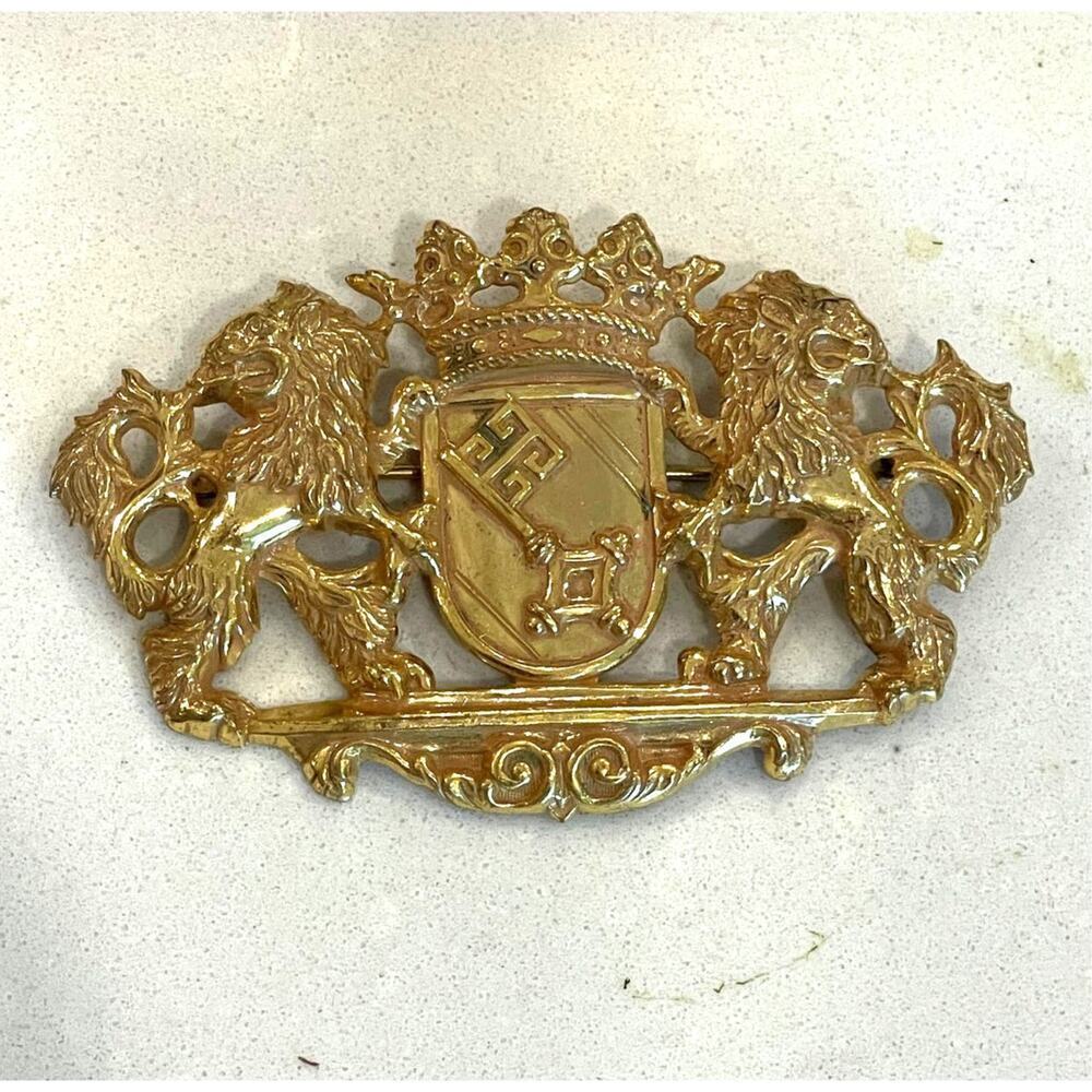 Miriam Haskell Vintage Heraldic Crest or Arms Double Lion/Key/Crown Brooch/Pin